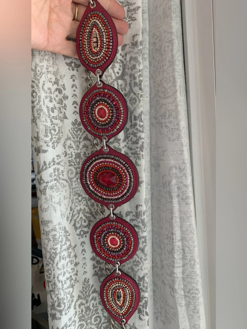 Chico's Ibiza Pink Red Leather Beaded Medallion Silver Tone Chain Belt Boho 50”